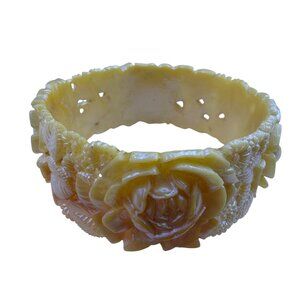 Vintage Womens Yellow Carved Resin Floral Bangle Bracelet Rose Design